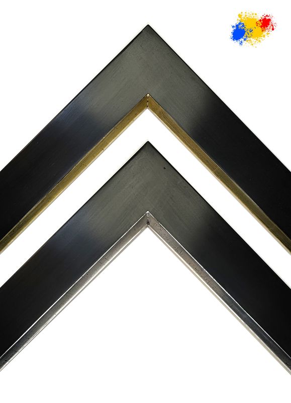 Picture frames, completely hand-gilded in own workshop. Simple, angular graphic bar with beveled chamfer to the centre of the image, 30 mm wide, two variants to choose from.  Tailored to measure.