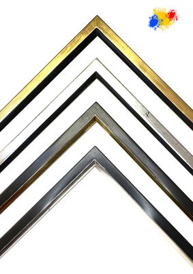 Picture frames, completely hand-gilded in own workshop. Simple, angular graphic bar with beveled chamfer to the center of the image, 17 mm wide, four variants to choose from.  Tailored to measure.