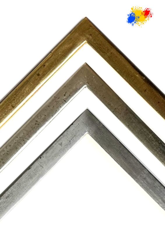 Picture frames, 100% hand-gilded in own workshop. Simple, angular graphic bar, 20 mm wide, three variants to choose from.  Tailored to measure.