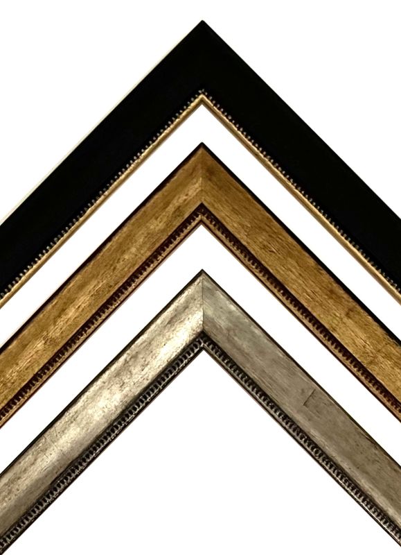 Classic wooden frame, pearl cord decorated, strip 25 mm wide, three decors to choose from. Tailored to measure.