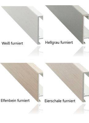 Alurahmen furniert,  hell eingefärbt, 8 mm breit, 4 verschiedene Farben zur Auswahl. Auf Wunsch auch mit einer Distanzleiste in Rahmenfarbe lieferbar.