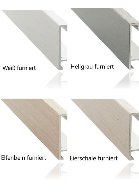 Alurahmen furniert,  hell eingefärbt, 8 mm breit, 4 verschiedene Farben zur Auswahl. Auf Wunsch auch mit einer Distanzleiste in Rahmenfarbe lieferbar.