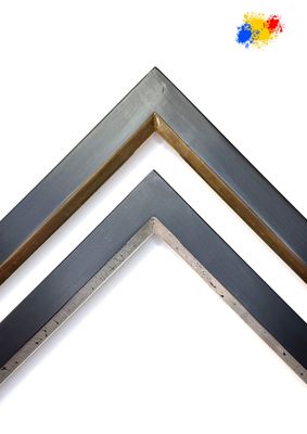 Picture frames, completely hand-gilded in own workshop. Simple, angular graphic bar with beveled chamfer to the centre of the image, 30 mm wide, two variants to choose from.  Tailored to measure.