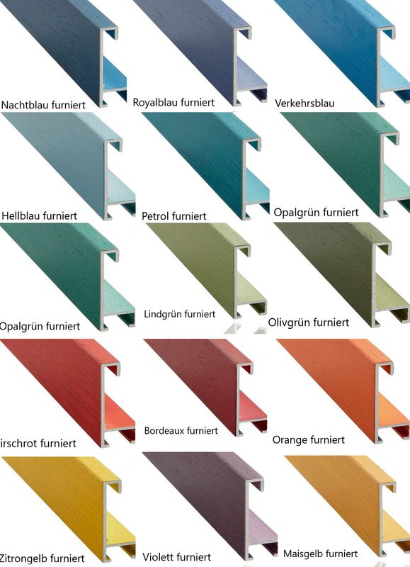 Alurahmen furniert,  bunt eingefärbt, 8 mm breit, 14 verschiedene Farben zur Auswahl. Auf Wunsch auch mit einer Distanzleiste in Rahmenfarbe lieferbar.