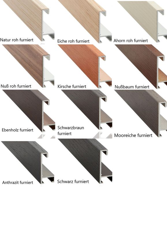 Alurahmen furniert, 8 mm breit, 11 verschiedene Holzfarbtöne zur Auswahl. Auf Wunsch auch mit einer Distanzleiste in Rahmenfarbe lieferbar.