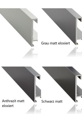 Alurahmen, eloxiert, 8 mm breit, 4 Farben zur Auswahl. Auf Wunsch auch mit einer Distanzleiste in Rahmenfarbe lieferbar.
