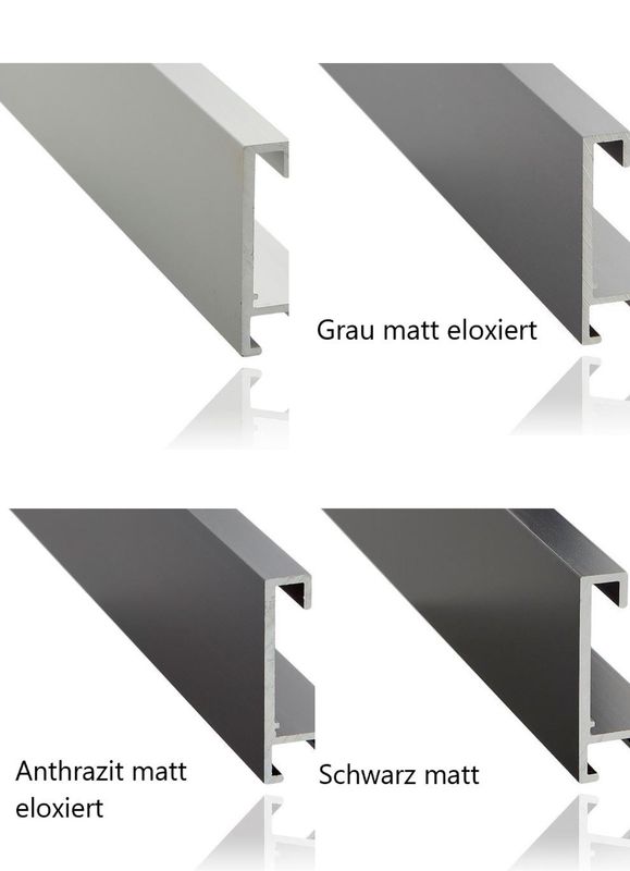 Alurahmen, eloxiert, 8 mm breit, 4 Farben zur Auswahl. Auf Wunsch auch mit einer Distanzleiste in Rahmenfarbe lieferbar.