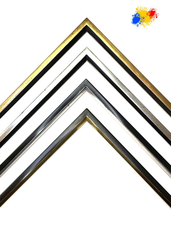 Picture frames, 100% hand-gilded in own workshop. Simple, angular graphic bar, 12 mm wide, three variants to choose from.  Tailored to measure.