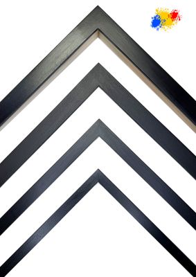 Picture frames, completely processed in own workshop. Simple, angular graphic bar, 12, 15 .20 mm wide, black matt lacquered.  Tailored to measure.