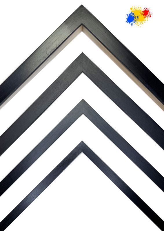 Picture frames, completely processed in own workshop. Simple, angular graphic bar, 12, 15 .20 mm wide, black matt lacquered.  Tailored to measure.