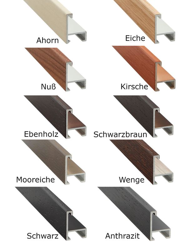 Alurahmen, furniert, 5 mm breit, 10 verschiedene Holzfarbtöne zur Auswahl.