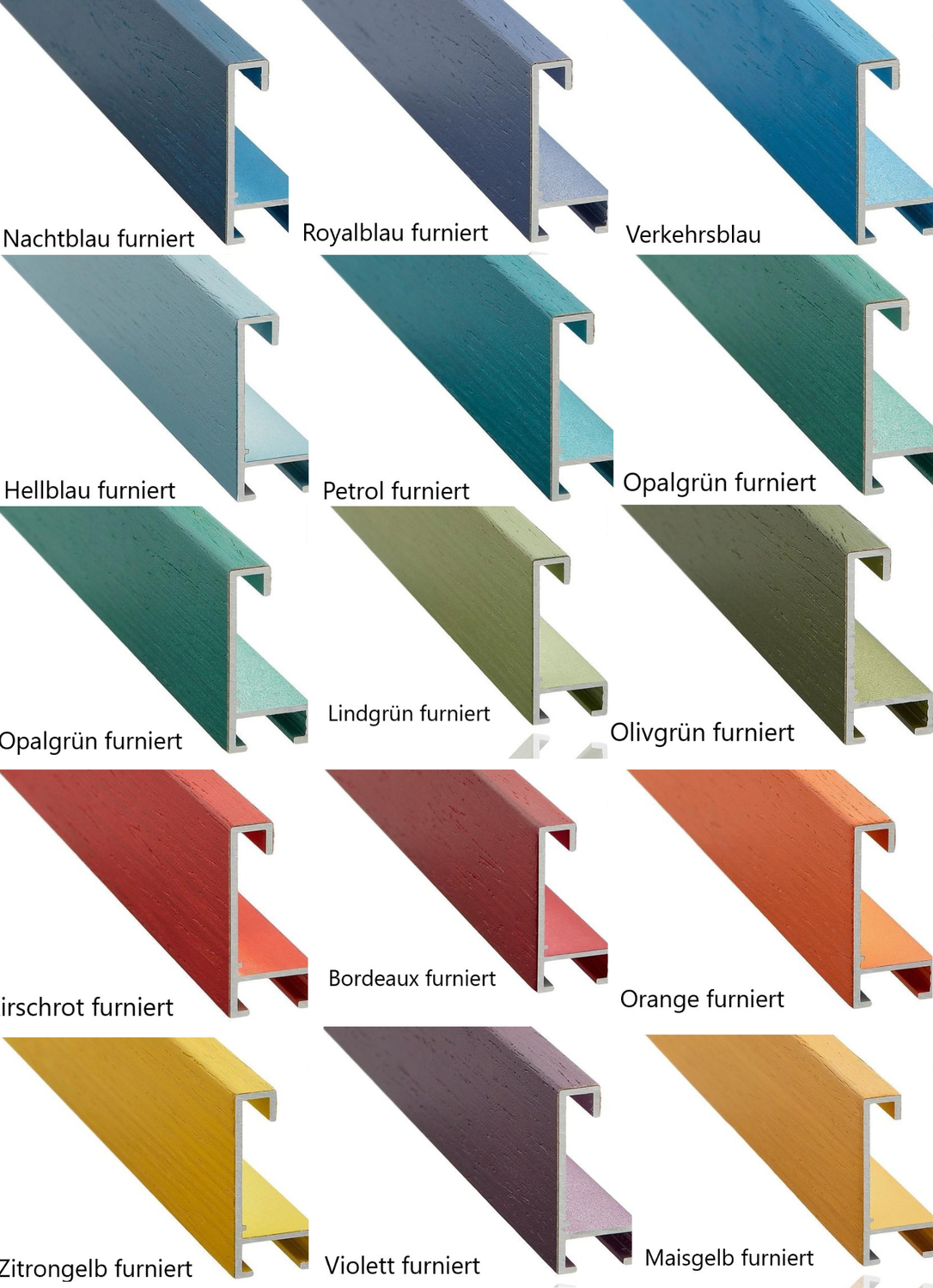 Alurahmen furniert, bunt eingefärbt, 8 mm breit, 14 verschiedene Farben zur Auswahl. Auf Wunsch auch mit einer Distanzleiste in Rahmenfarbe lieferbar. Alurahmen furniert, bunt eingefärbt, 8 mm breit, 14 verschiedene Farben zur Auswahl. Auf Wunsch auch mit einer Distanzleiste in Rahmenfarbe lieferbar.