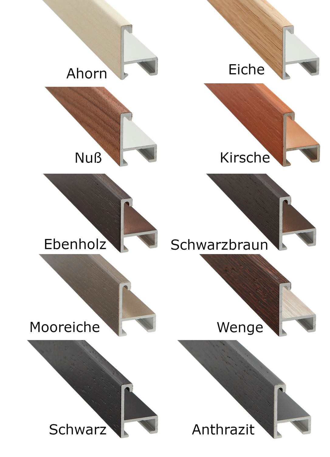 Alurahmen, furniert, 5 mm breit, 10 verschiedene Holzfarbtöne zur Auswahl. Alurahmen, furniert, 5 mm breit, 10 verschiedene Holzfarbtöne zur Auswahl.