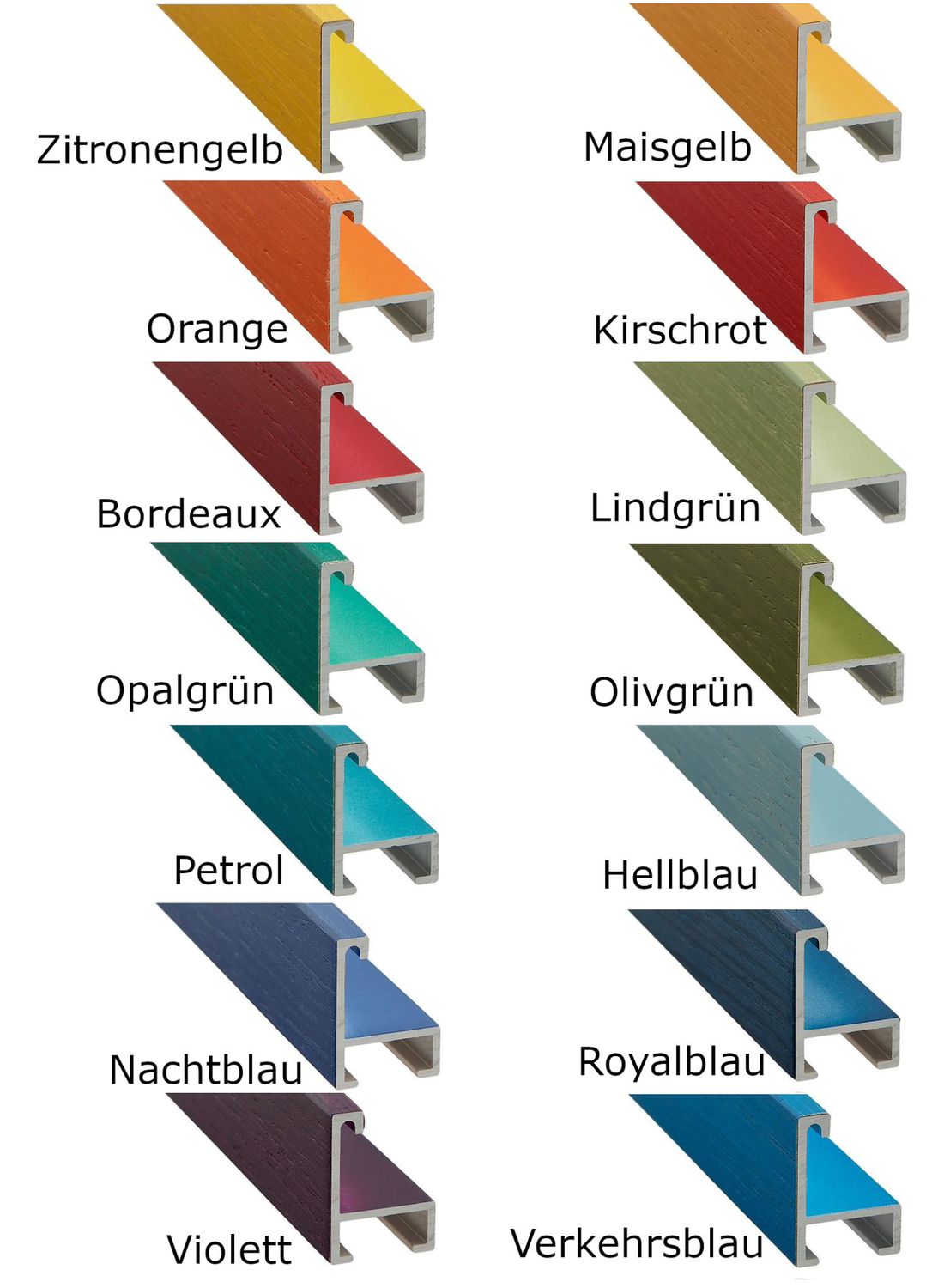 Alurahmen, Furnier bunt eingefärbt, 5 mm breit, 14 verschiedene Farbtöne zur Auswahl.