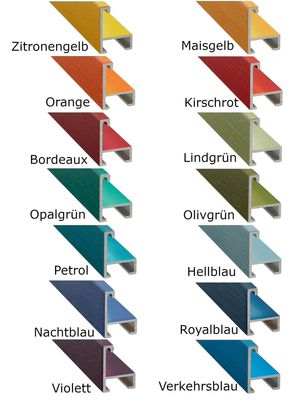 Alurahmen, Furnier bunt eingefärbt, 5 mm breit, 14 verschiedene Farbtöne zur Auswahl. Alurahmen, Furnier bunt eingefärbt, 5 mm breit, 14 verschiedene Farbtöne zur Auswahl.