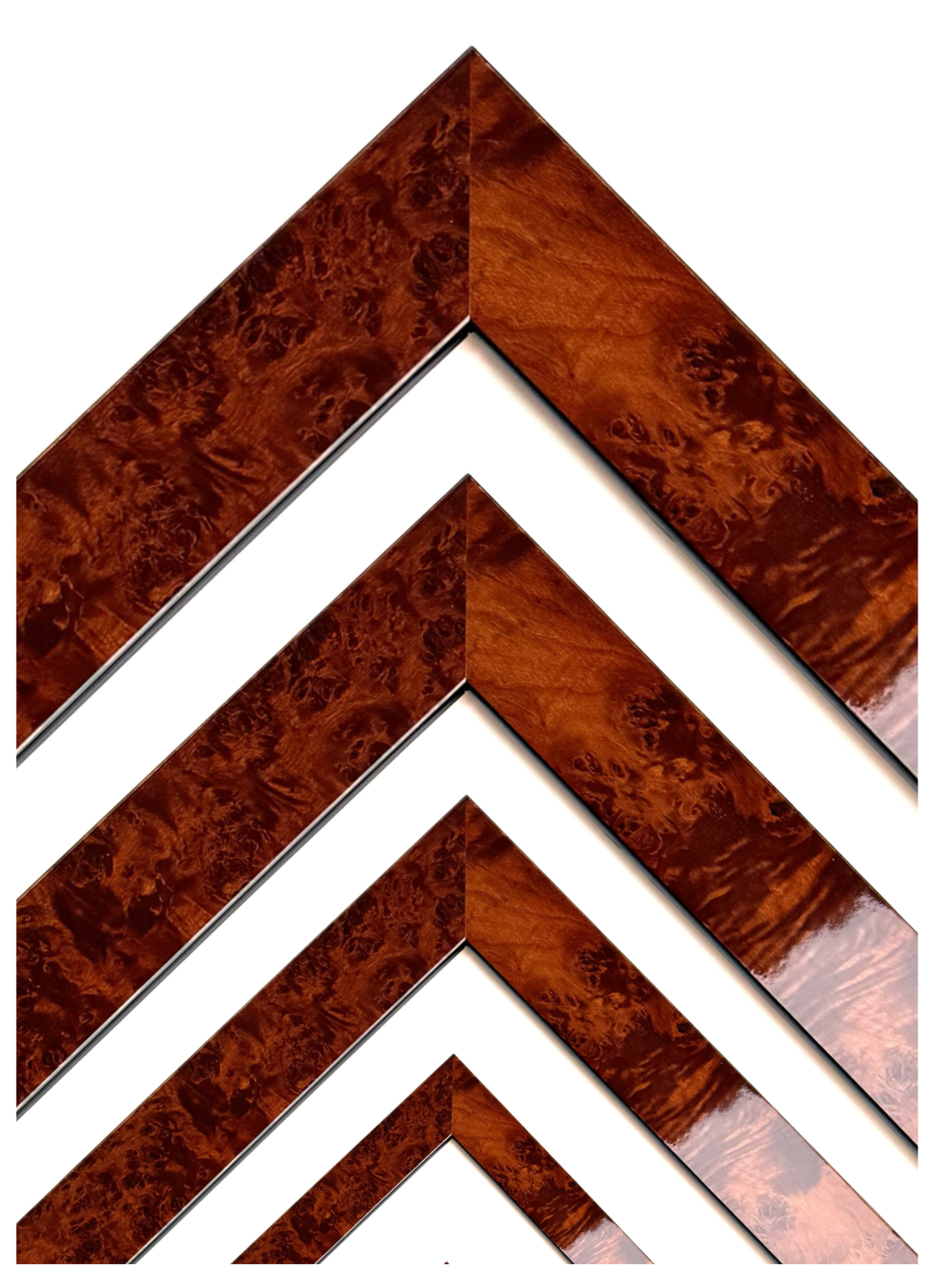 Frame veneered with root wood, high-gloss lacquered, simple, dark profile, groin 10, 20, 40 or 60 mm wide. Tailored to measure. Frame veneered with root wood, high-gloss lacquered, simple, dark profile, groin 10, 20, 40 or 60 mm wide. Tailored to measure.