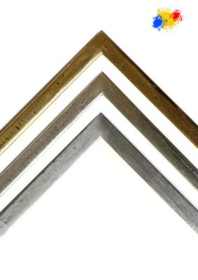 Picture frames, 100% hand-gilded in own workshop. Simple, angular graphic bar, 15 mm wide, three variants to choose from.  Tailored to measure.