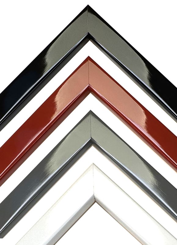 Frame with high-gloss lacquered surface, four colors to choose from. Simple, angular profile, strip 20 mm wide. Tailored to measure. Frame with high-gloss lacquered surface, four colors to choose from. Simple, angular profile, strip 20 mm wide. Tailored to measure.