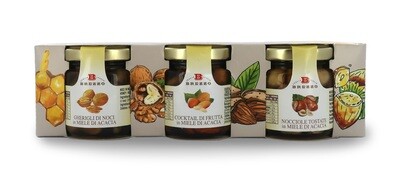 Set of 3 nut varieties in acacia honey 330 gr.