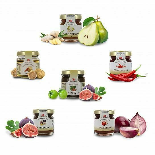 Festive selection of 6 jams for cheese (fig and green tomato, caramelized onions, honey with truffles, chili peppers, figs with mustard, pears with ginger) 240 gr.