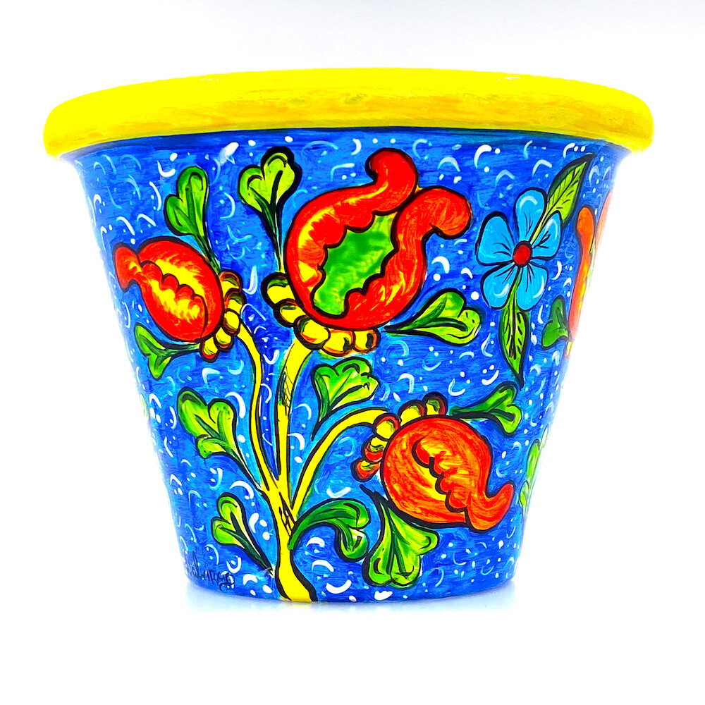"New, 2021, Tulipani in una notte magica" hand painted ceramic planter