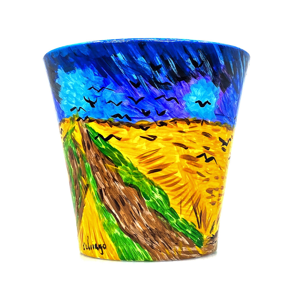 "New 2021, Wheatfield with crows" hand painted ceramic planter