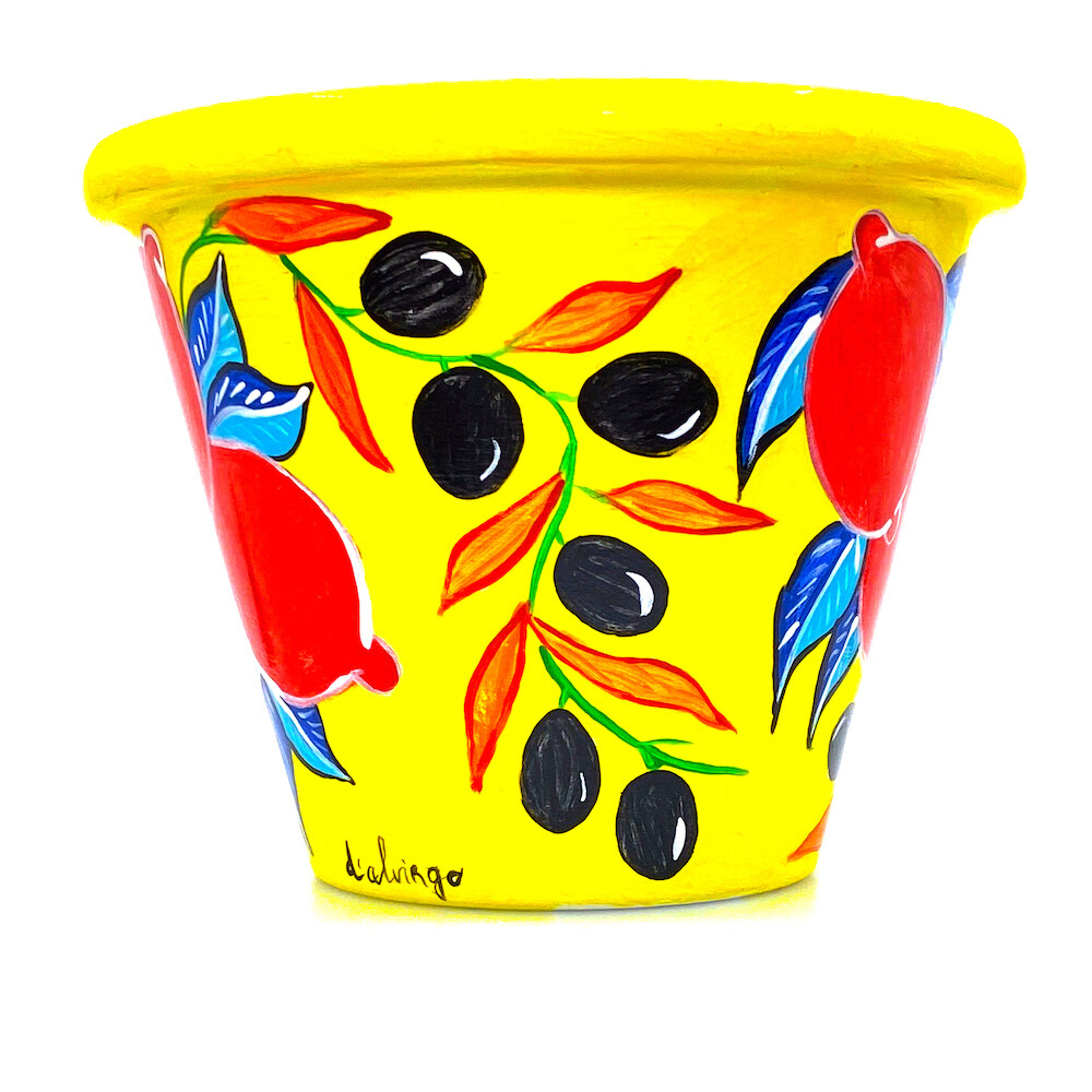 "New, 2021, Olive e limoni rossi" hand painted ceramic planter
