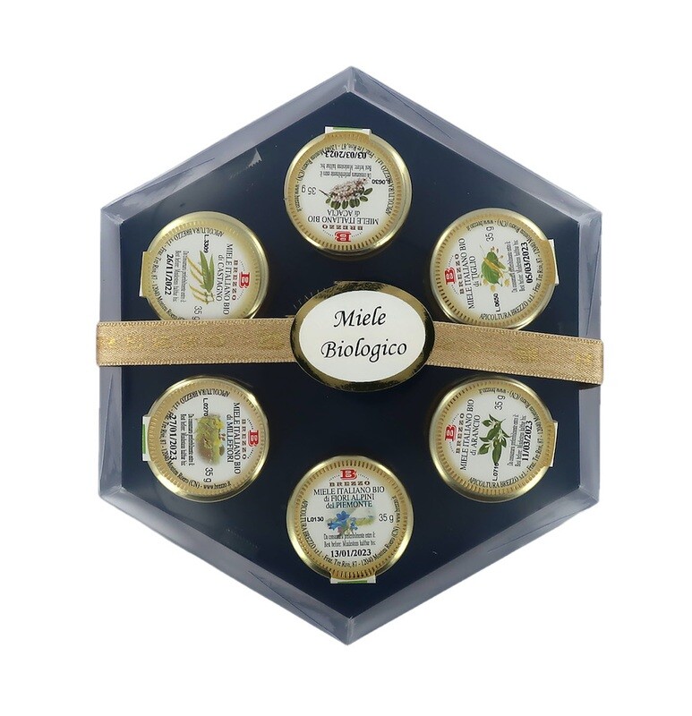 Festive selection of 6 BIO honey (linden, acacia, Alpine flowers, chestnut, mixed flowers, orange blossom) 210gr.