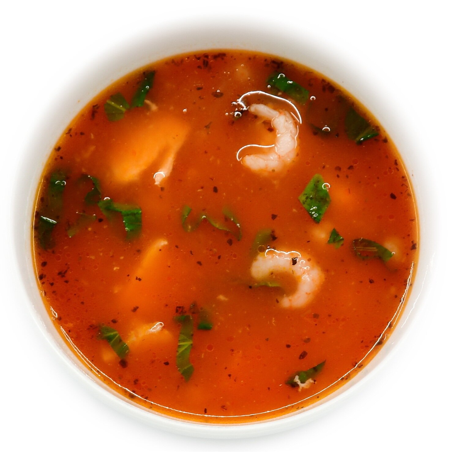 Salmon-shrimp soup with couscous in wine-tomato broth