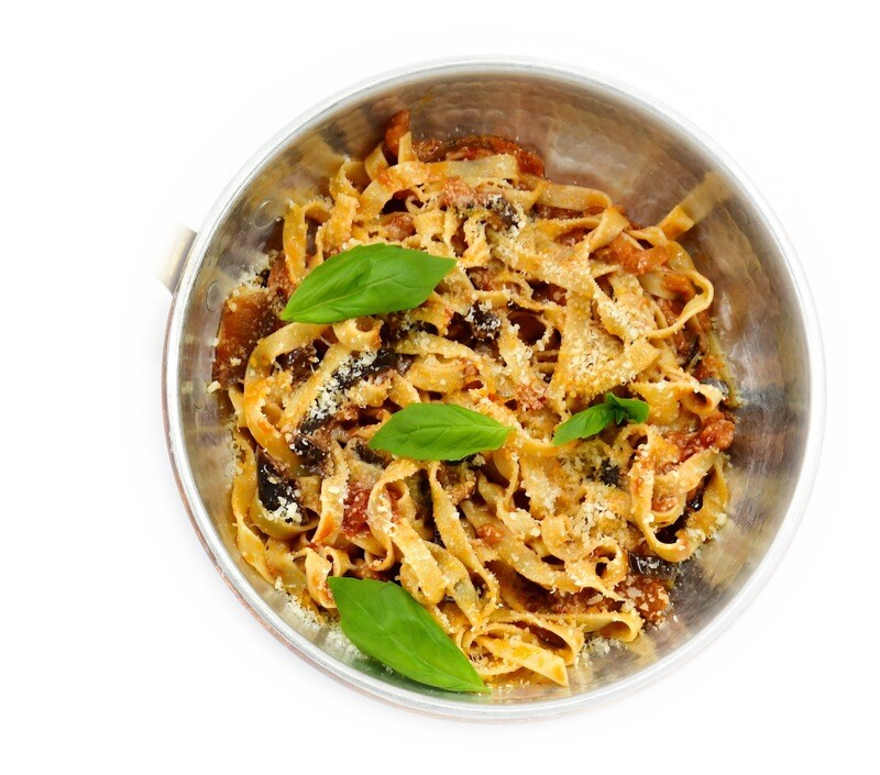 Pasta with eggplant ragou in tomato sauce