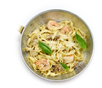 Pasta with Argentine tiger prawns and boletus mushrooms