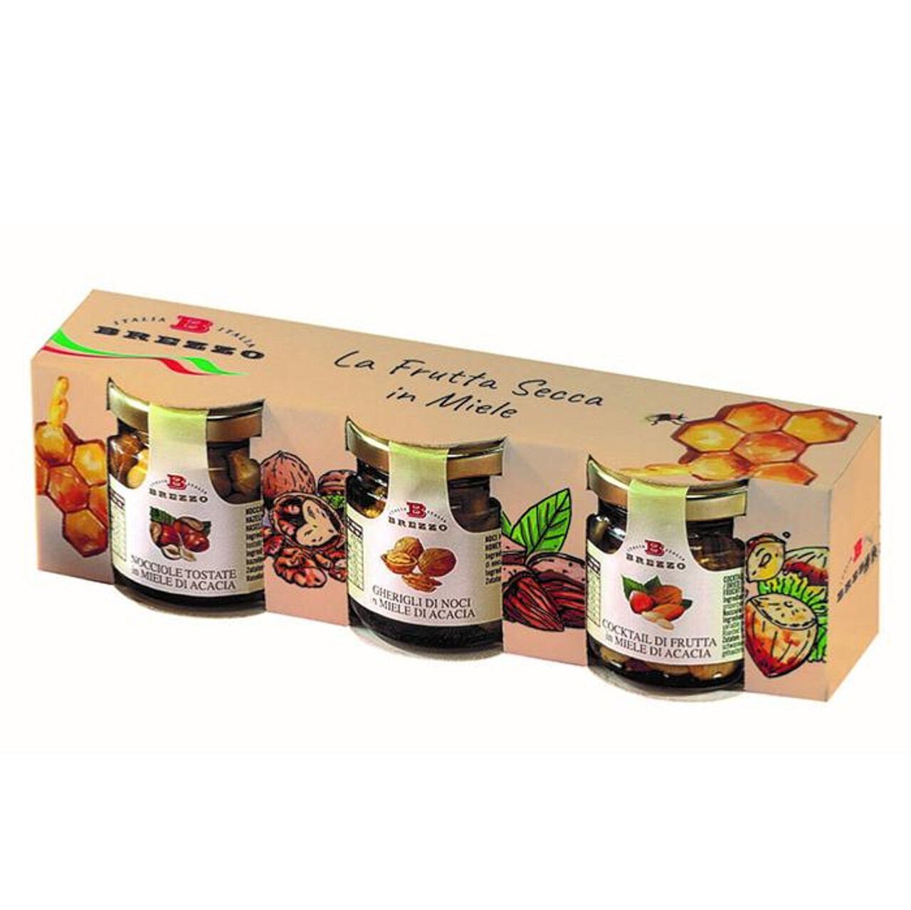 Gift set of 3 nut varieties in acacia honey 330 gr.