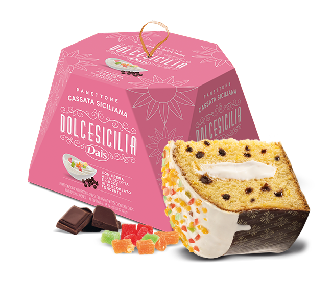 Panettone with ricotta cream and dark chocolate chips, decorated with candied citrus fruits 800 gr.
