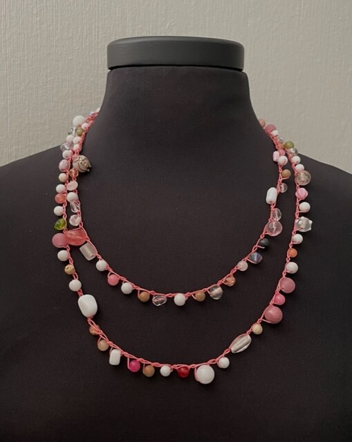 Beaded Necklace - Pink and White on Coral