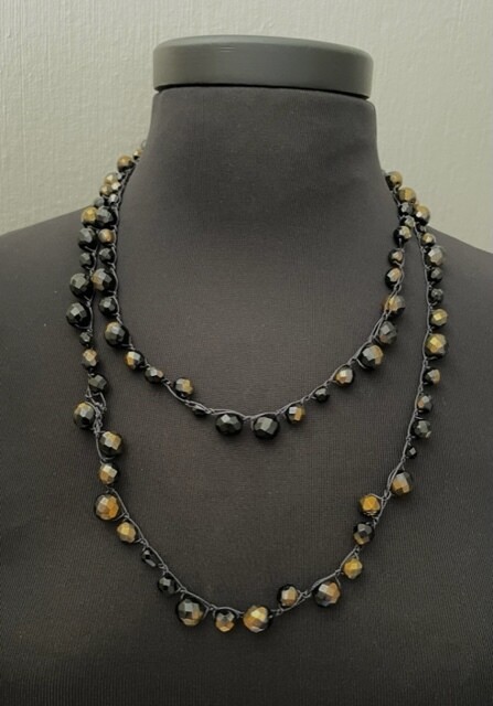 Beaded Necklace - Black and Gold on Black