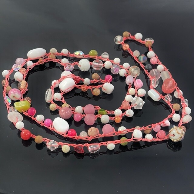 Beaded Necklace - Pink and White on Coral