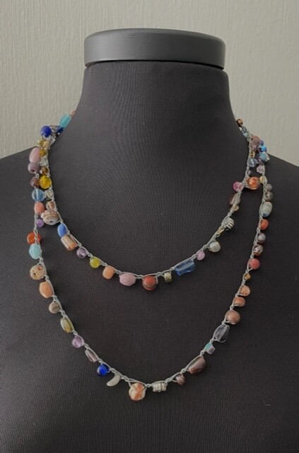 Beaded Necklace - Multicolor earthy rainbow on silver grey