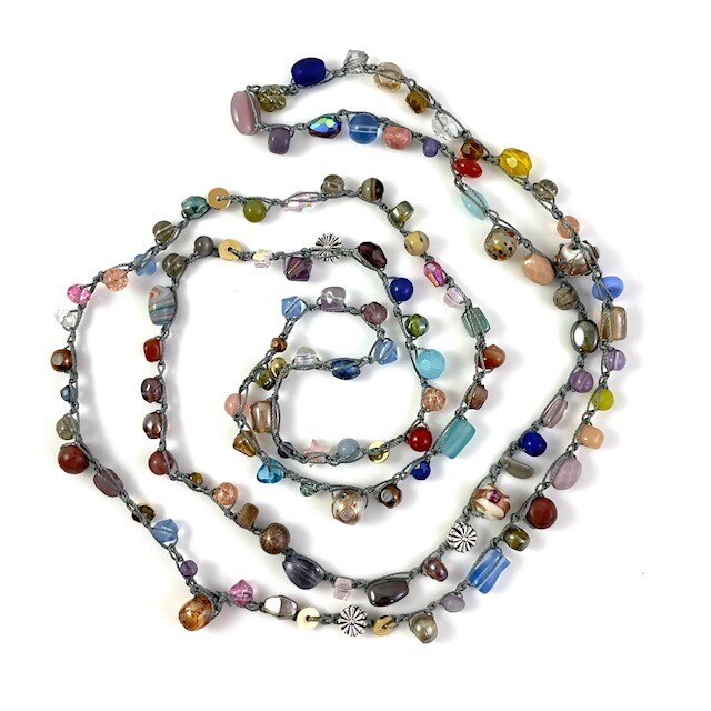 Beaded Necklace - Multicolor earthy rainbow on silver grey