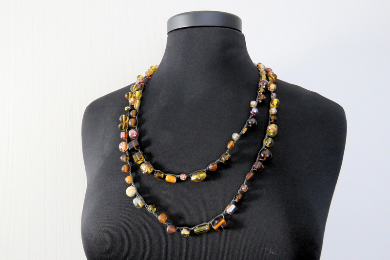 Beaded Necklace - Gold Amber and Brown Beads on Dark Taupe Thread