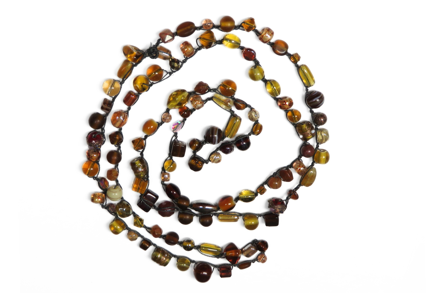 Beaded Necklace - Gold Amber and Brown Beads on Dark Taupe Thread