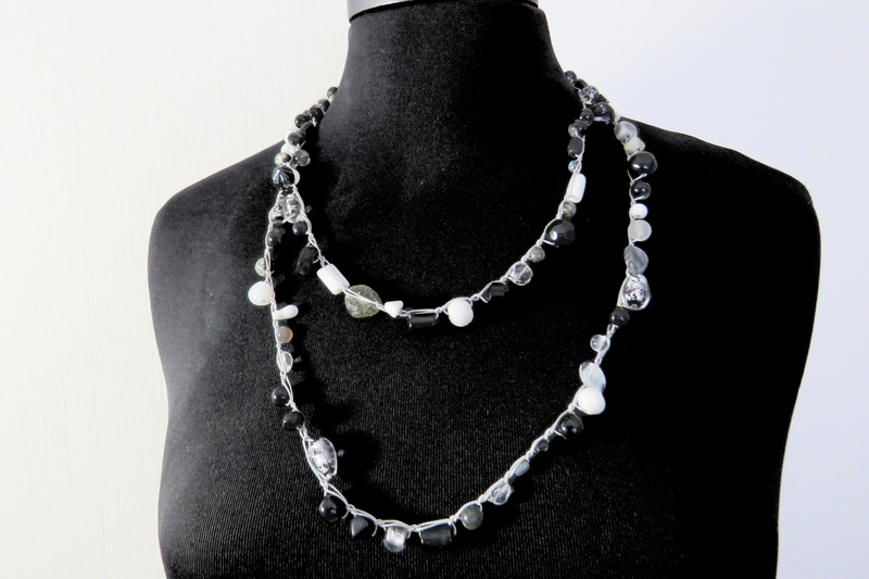 Beaded Necklace - Black and White on Silver Thread