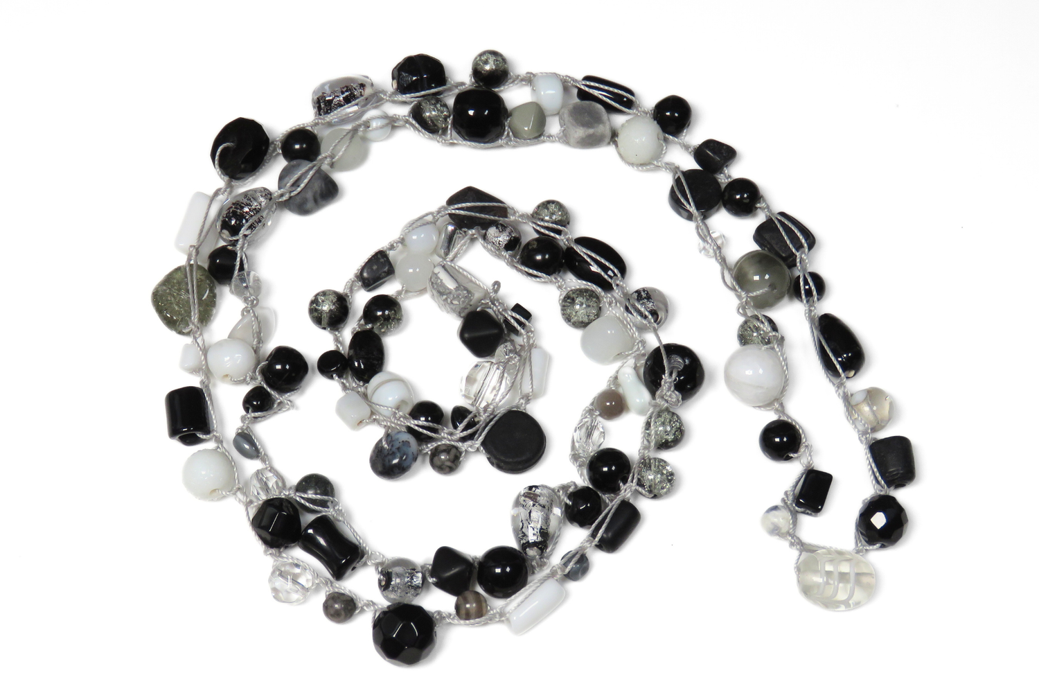 Beaded Necklace - Black and White on Silver Thread
