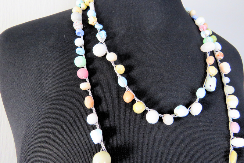 Beaded Necklace - White and Pastel Beads Beads on Silver Thread