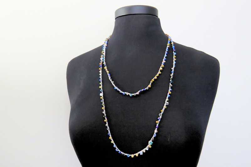 Beaded Necklace - Small Blue Purple and Gold Beads on Silver Thread