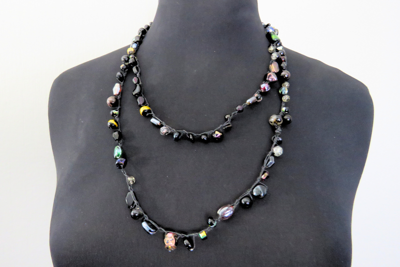 Beaded Necklace - Black Gold and Jewel Tone Beads on Black Thread
