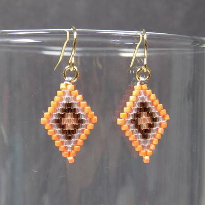 Granny Square Earrings in Orange, Silver, and Brown