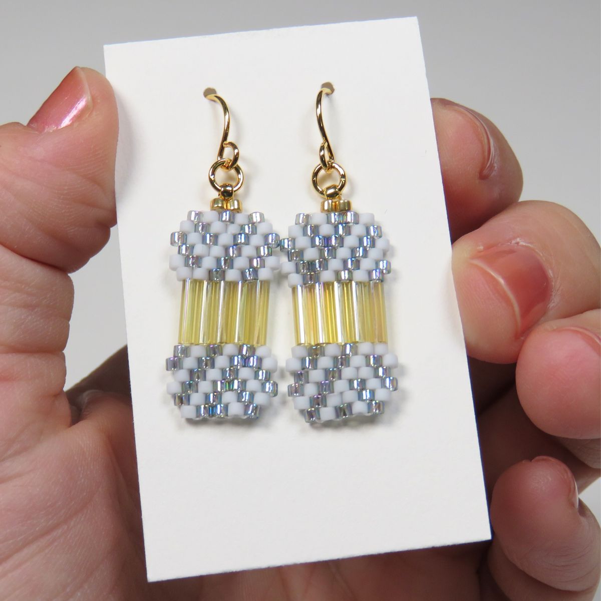 Yarn Ball Earrings in Pale Matte Blue, Iridescent Blue, and Gold Iridescent