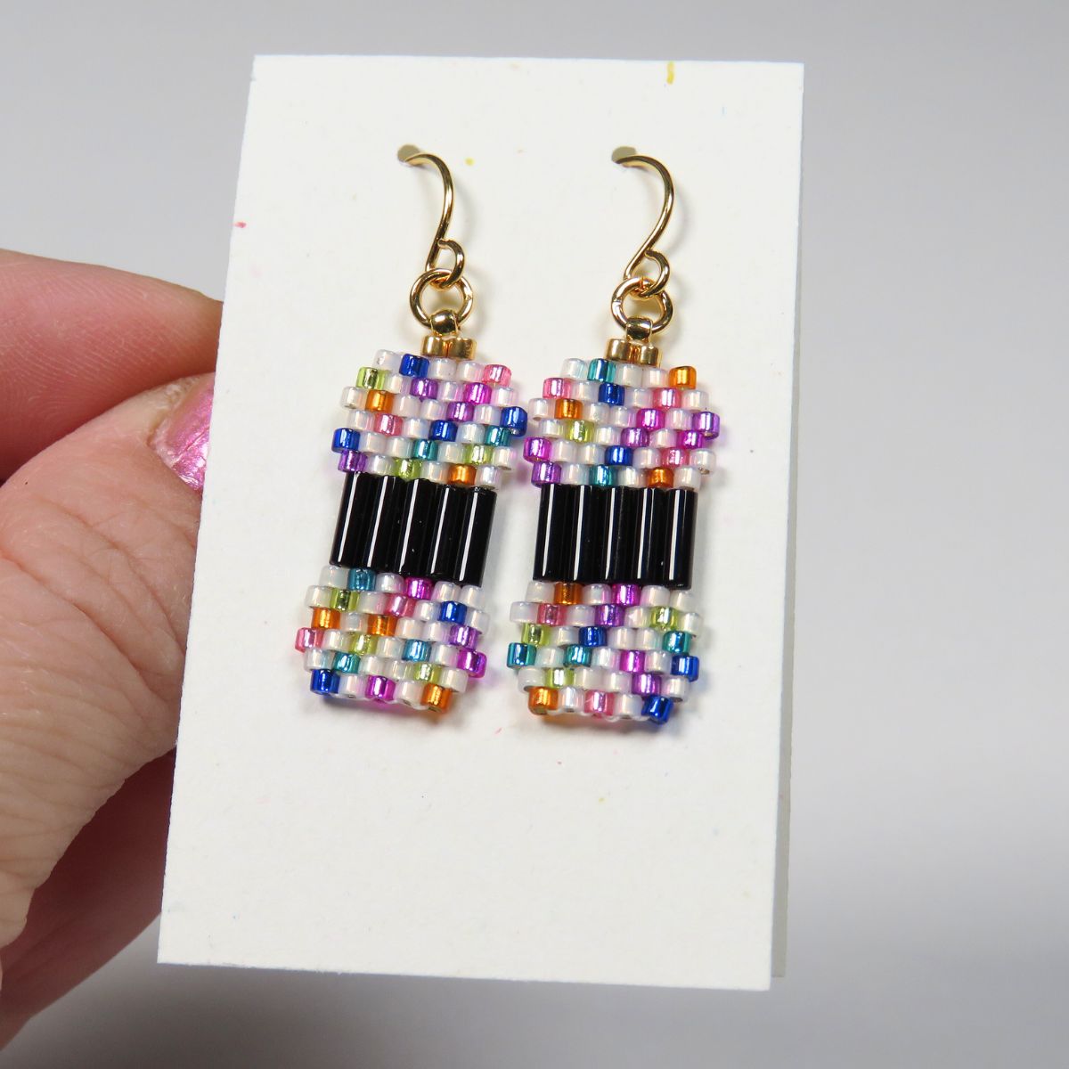 Yarn Ball Earrings in Rainbow Multi with White
