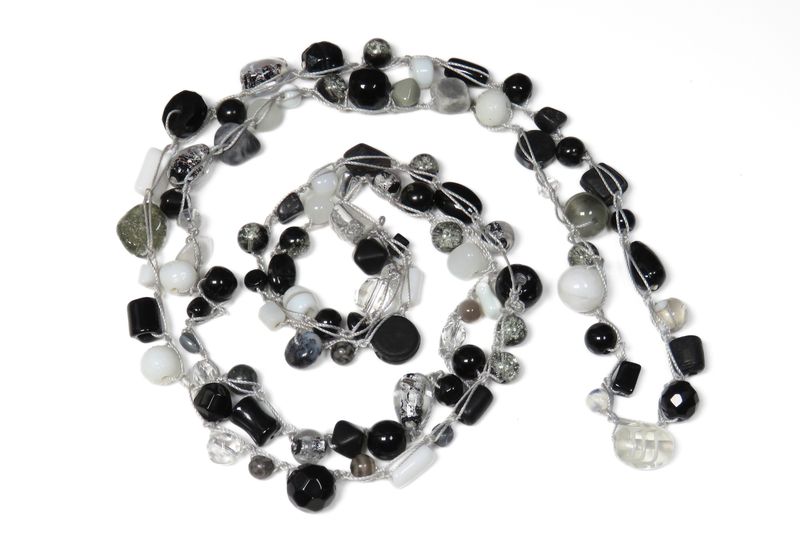 Beaded Necklace - Black and White on Silver Thread