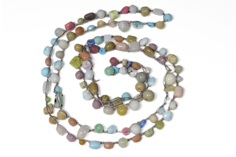 Beaded Necklace - White and Pastel Beads Beads on Silver Thread